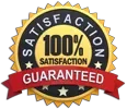 Gold and black badge with red ribbon stating "100% Satisfaction Guaranteed."