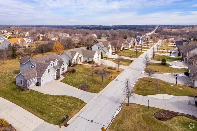 Aerial view of residential neighborhood roofs in Franklin, Wisconsin