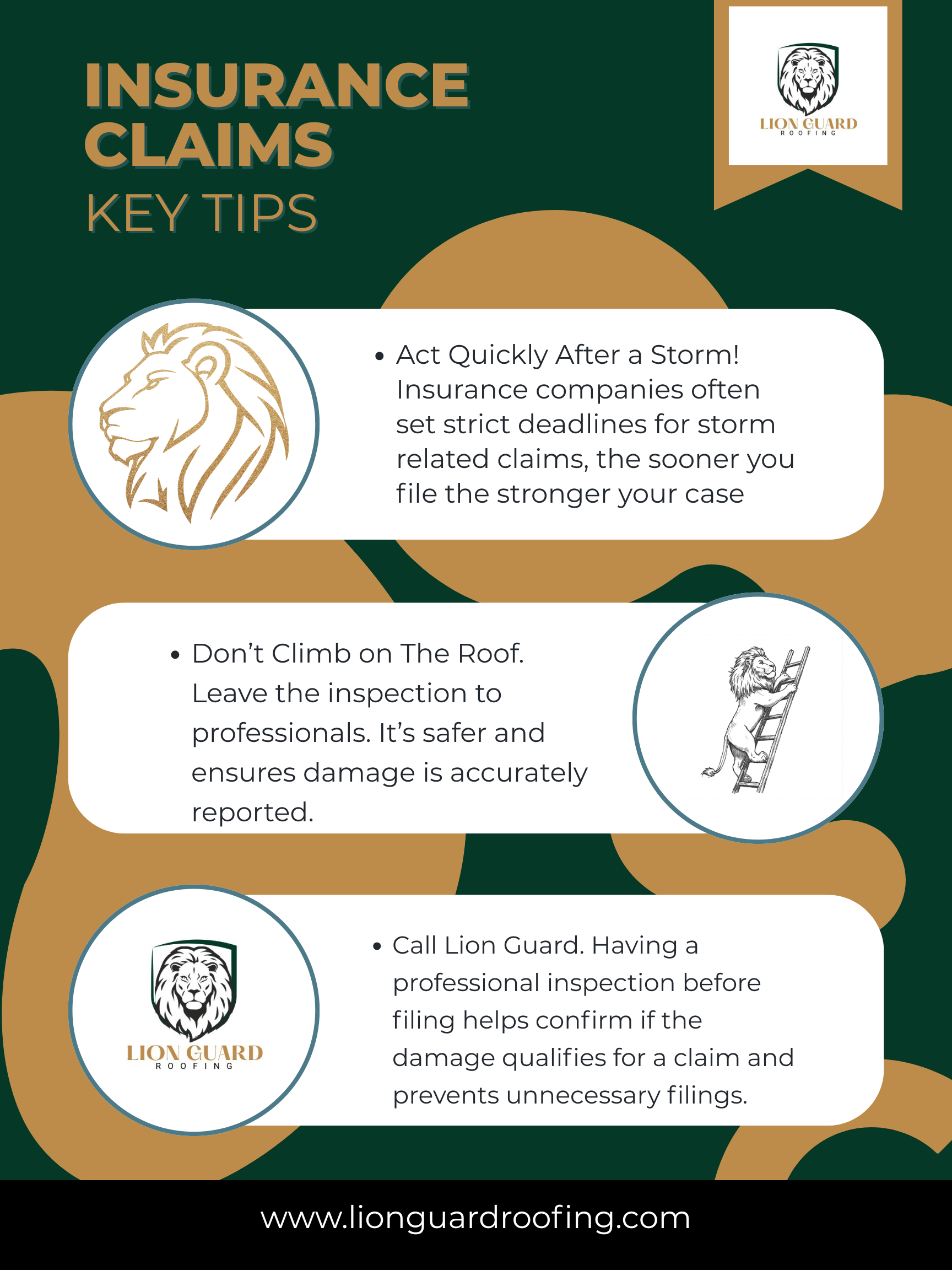 Infographic titled 'Insurance Claims Key Tips' with Lion Guard Roofing logo. Tips include act quickly after a storm, don't climb on the roof, and call Lion Guard for inspection.