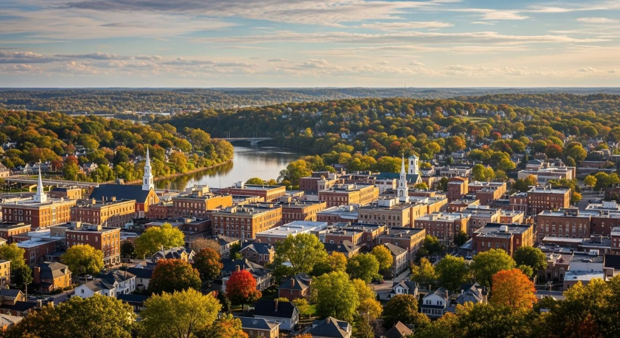 Aerial view of downtown Burlington, Wisconsin along the Fox River. homes and roofs