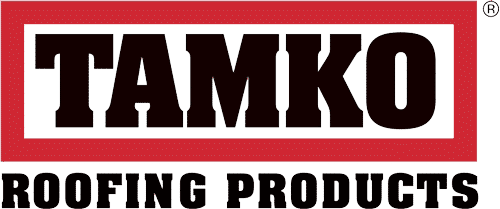 TAMKO Roofing Products logo with black text on a red background.
