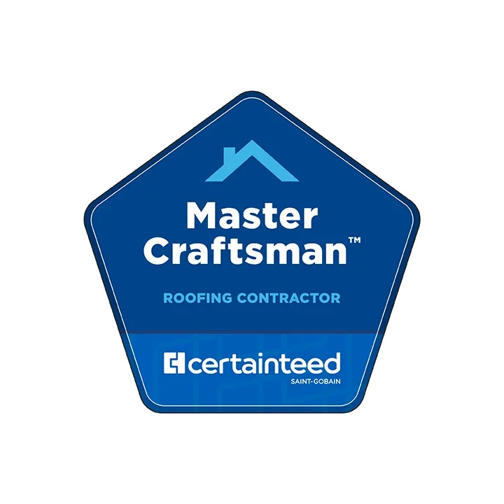 Master Craftsman roofing contractor badge with a house roof icon, logo of certainteed Saint-Gobain, on a blue pentagon-shaped background.