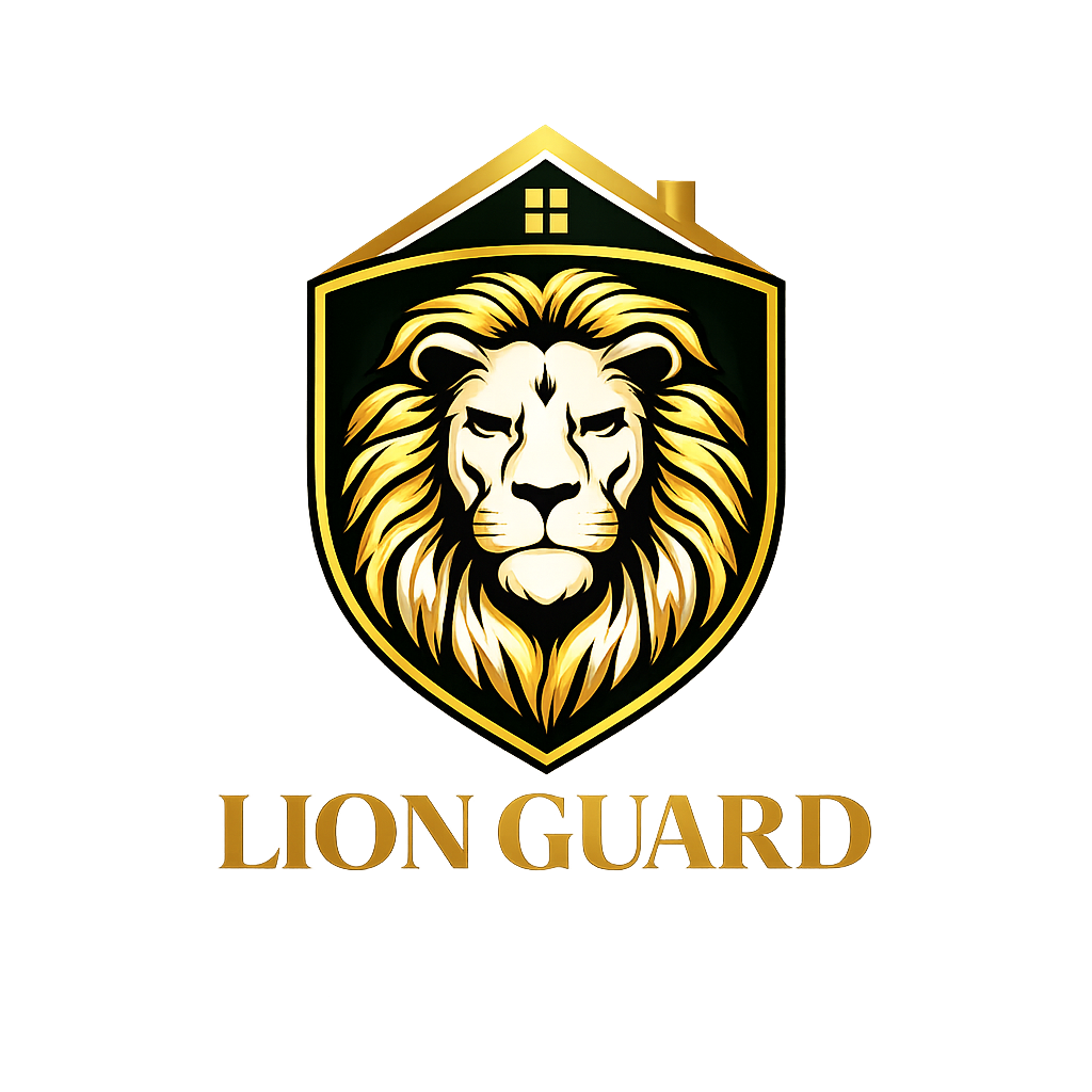 A logo with a shield shape featuring a lion's head in gold and black, with the text "LION GUARD" underneath.