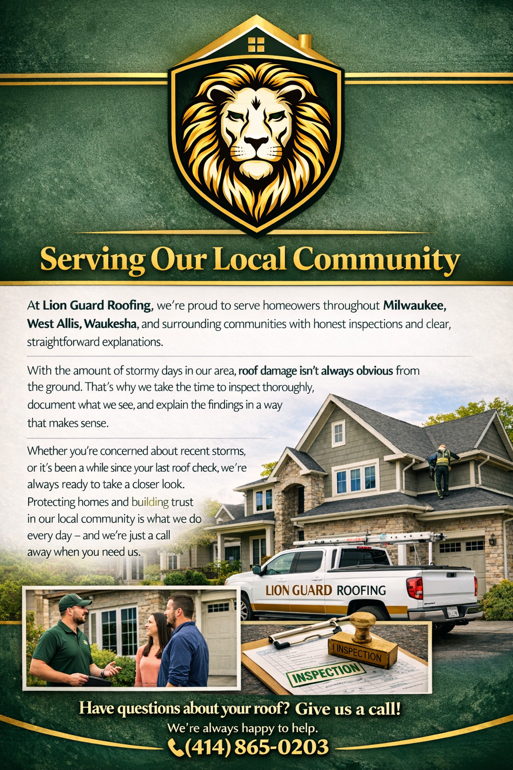 Flyer for Lion Guard Roofing emphasizing community service, with an image of a house being inspected, a truck labeled Lion Guard Roofing, and a small photo of two men and a woman talking, and an inspection stamp.