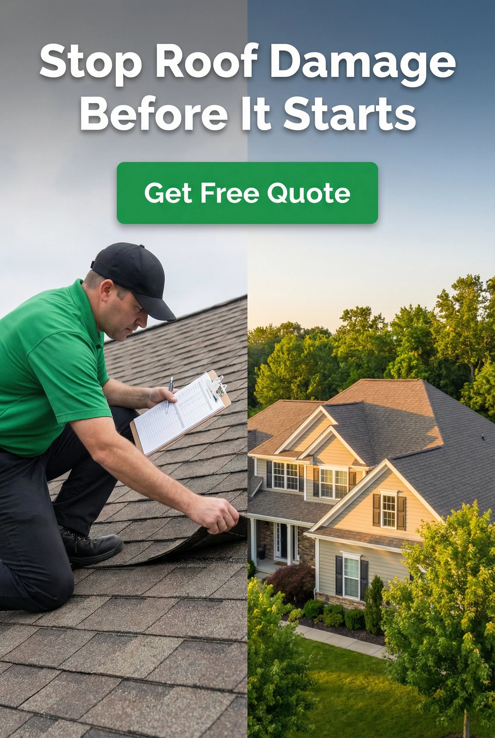 An advertisement showing a man inspecting a roof on the left side and a house with a well-maintained yard on the right side. The text reads 'Stop Roof Damage Before It Starts' with a green button labeled 'Get Free Quote'.