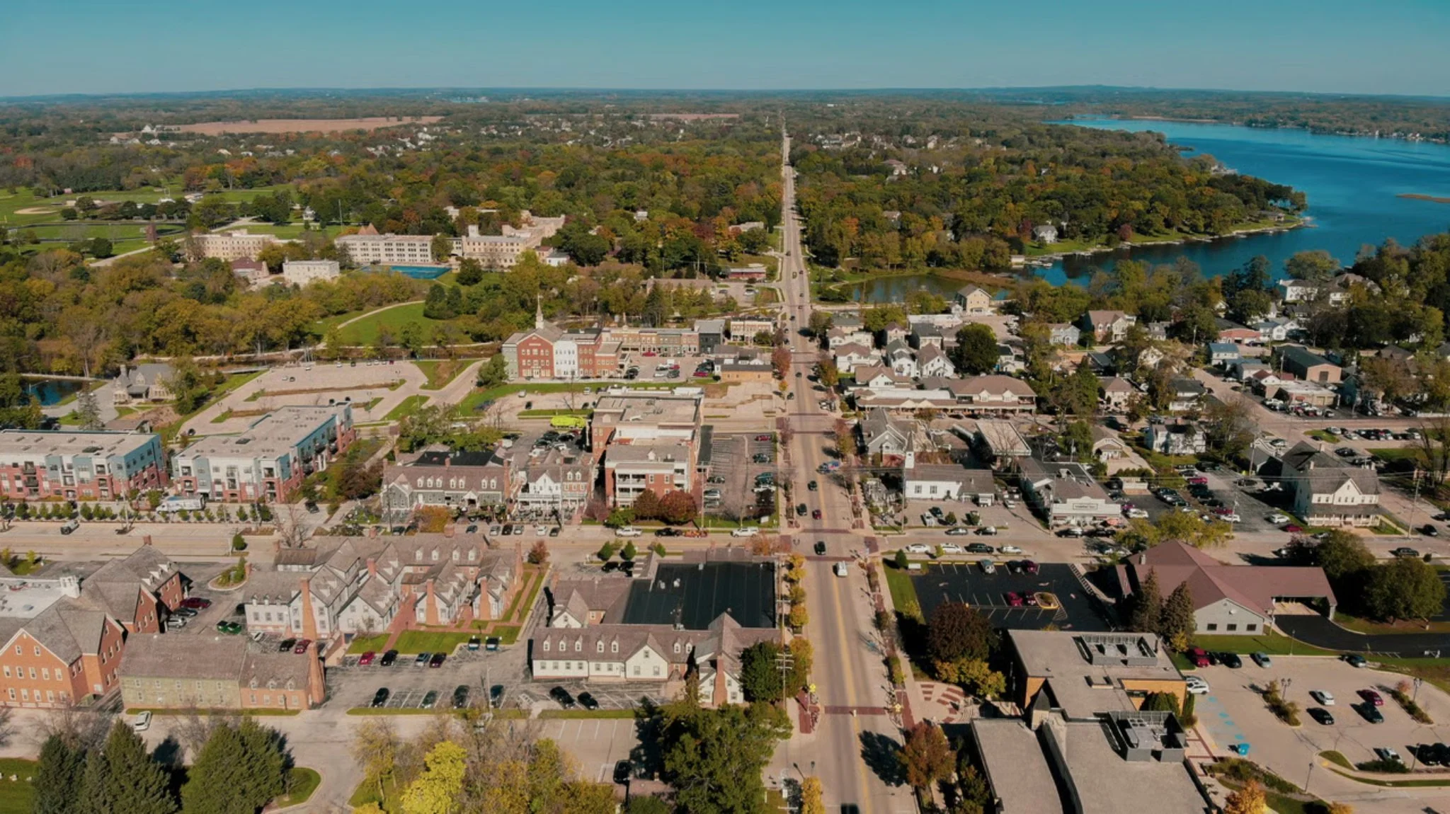Aerial view of downtown Sussex, Wisconsin and surrounding neighborhood roofs
