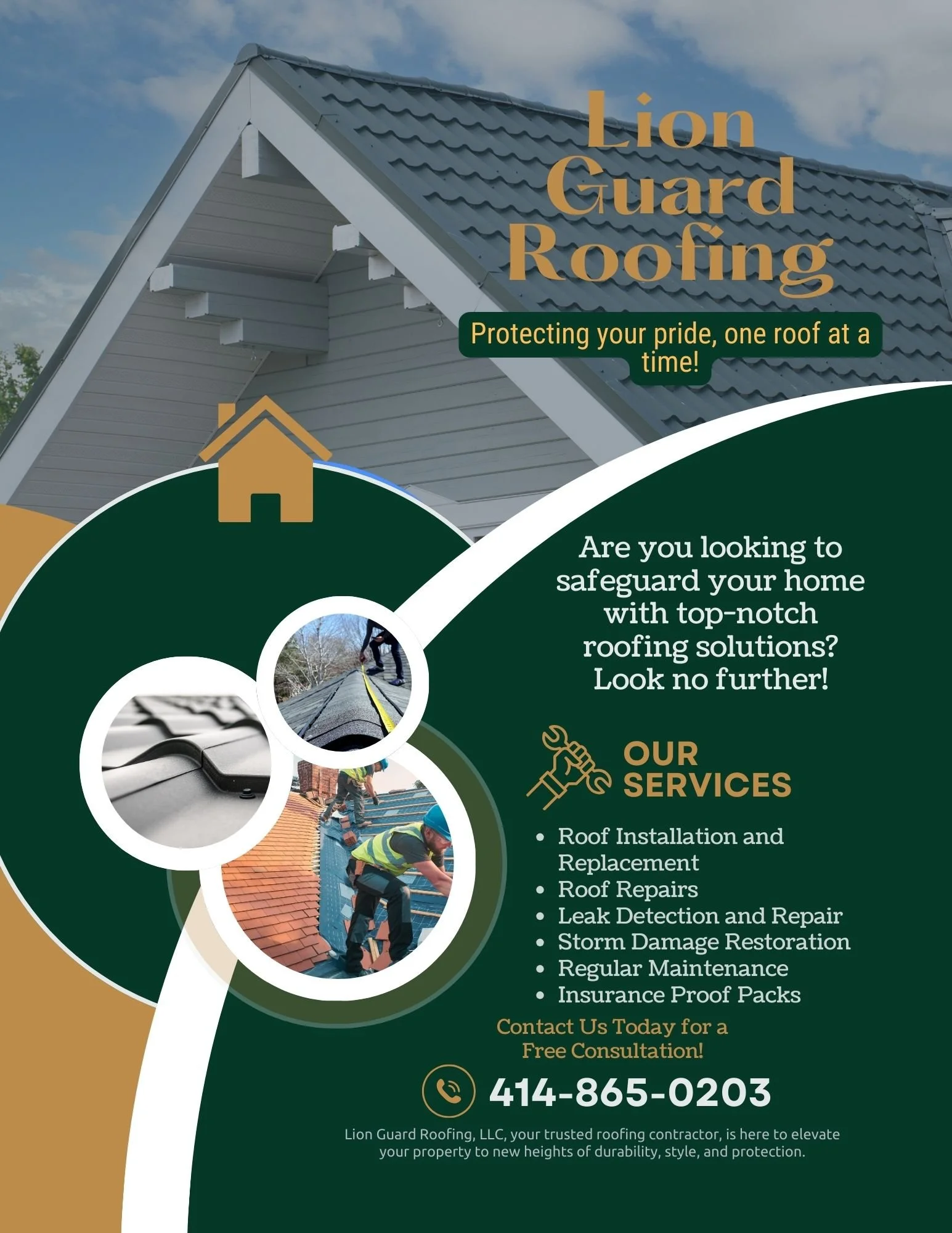 Flyer for Lion Guard Roofing featuring a house with gray roofing, promoting roof installation, repairs, leak detection, storm damage restoration, maintenance, and insurance proof packs, with contact number 414-865-0203.