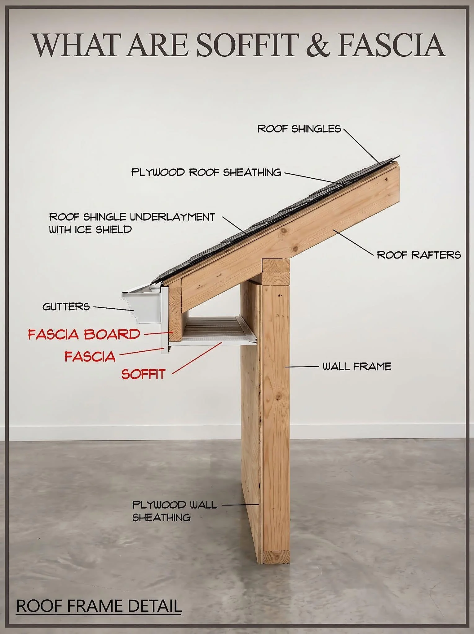 Diagram of a roof frame with labeled components including roof shingles, plywood roof sheathing, roof ridge, roof rafters, wall frame, and gutters, showing the structure from side view and wall connection.