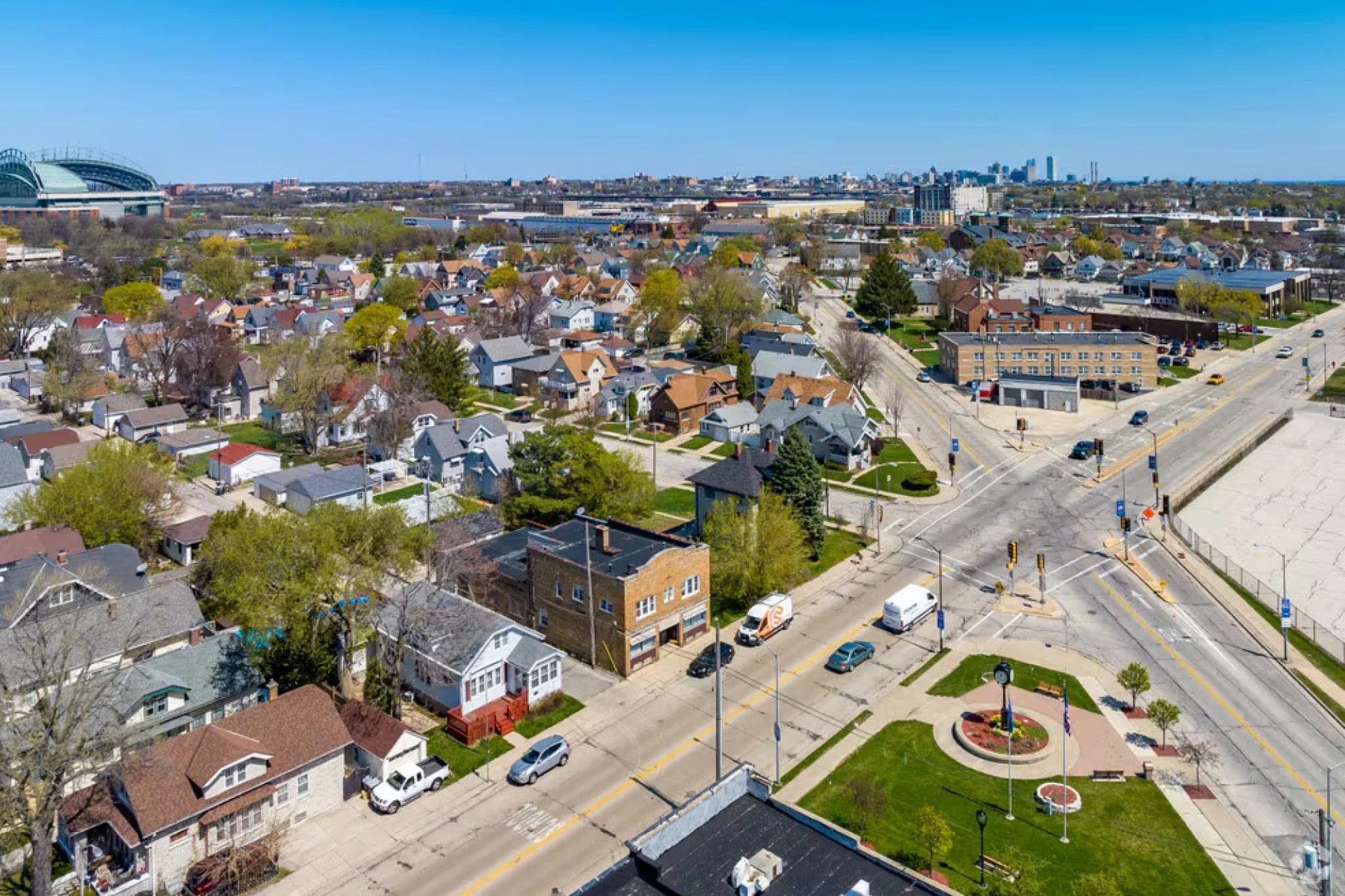 Aerial view of residential neighborhood roofs in West Milwaukee, Wisconsin
