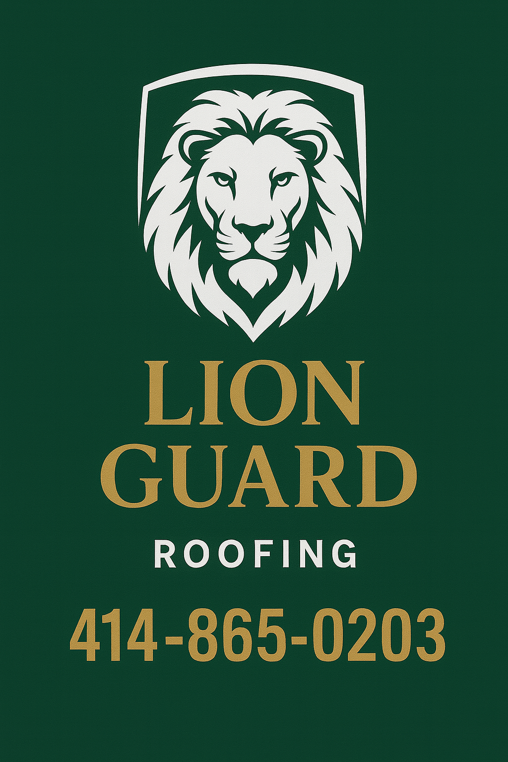 Logo for Lion Guard Roofing featuring a lion's face above the company name and phone number on a green background.