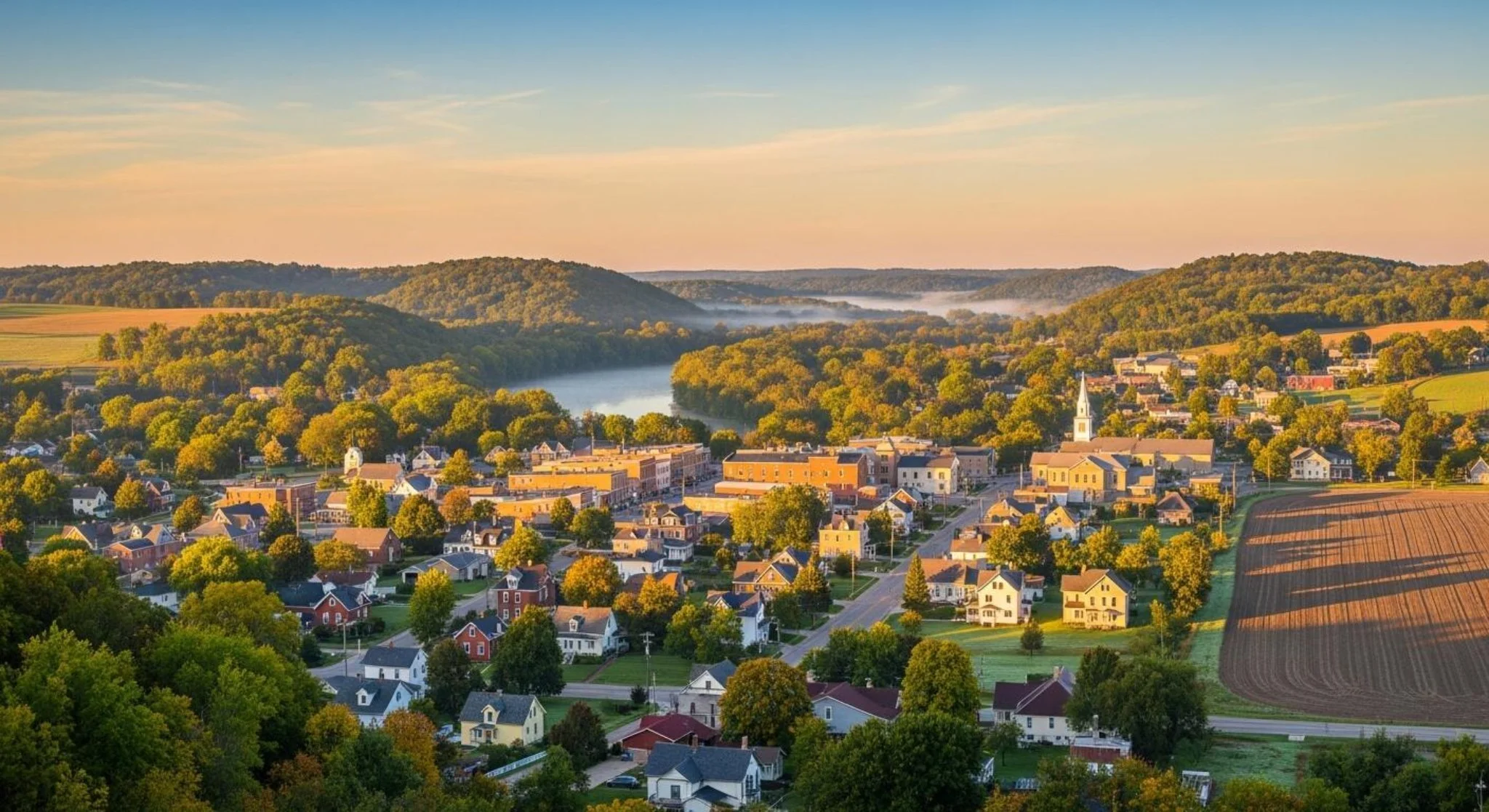 Aerial view of Big Bend, Wisconsin and surrounding neighborhood roofs