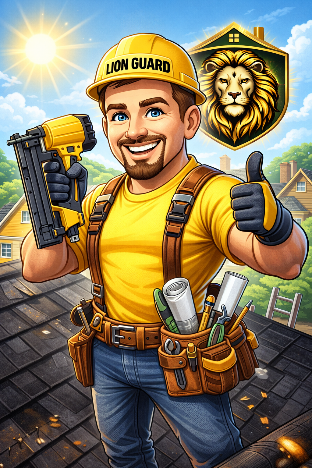 Cartoon illustration of a smiling construction worker with a beard, wearing a yellow hard hat labeled "Lion Guard," holding a nail gun, and giving a thumbs up. The worker is on a roof with roofing tools in his tool belt. In the background, there are houses, trees, blue sky with clouds, and a shining sun. A lion's head emblem is shown in the sky.