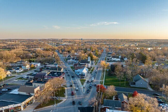 Aerial view of downtown Mukwonago, Wisconsin and surrounding neighborhood roofs