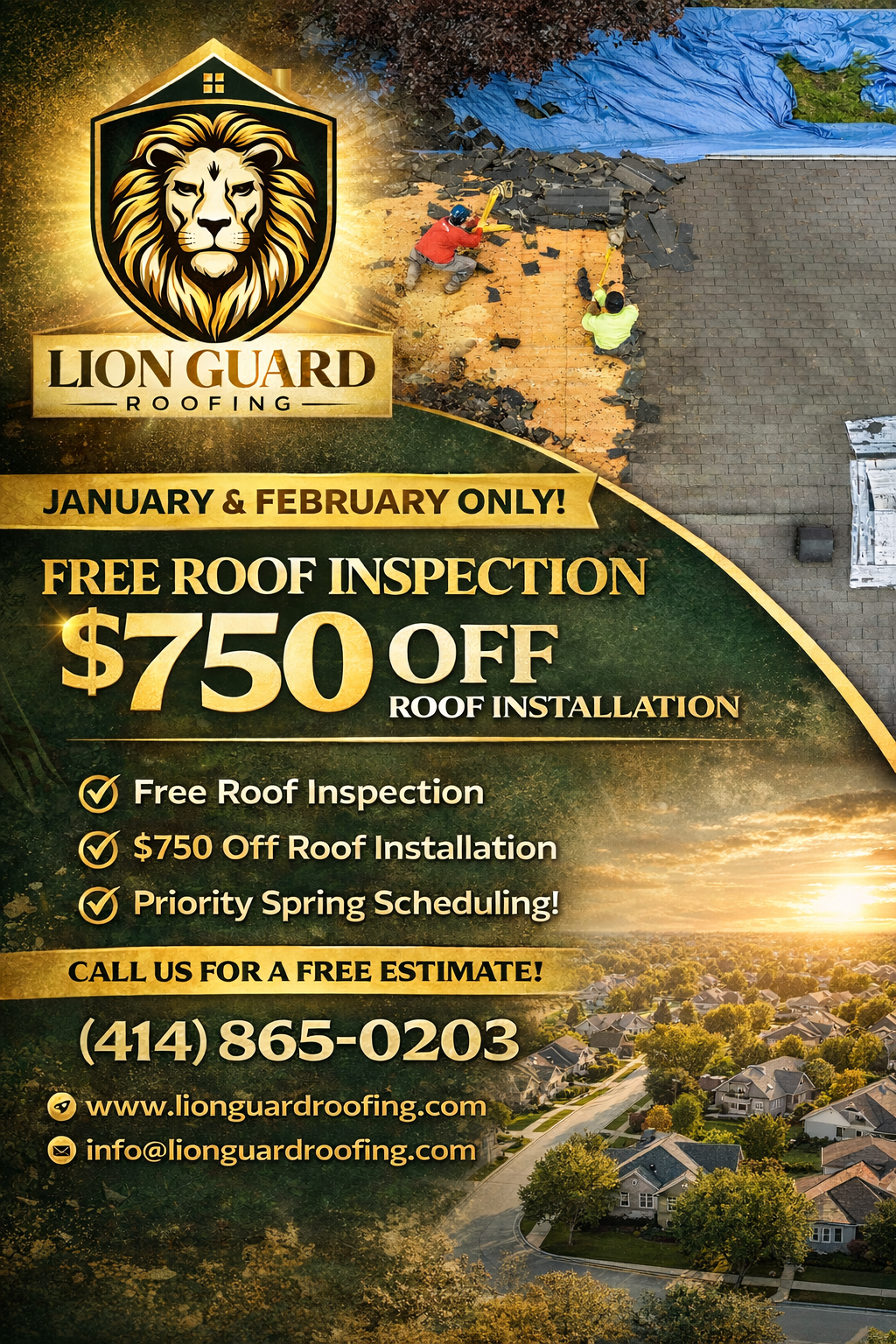 Flyer for Lion Guard Roofing offering free roof inspection and $750 off roof installation during January and February, with a background image of a neighborhood and a close-up of roof repair work.