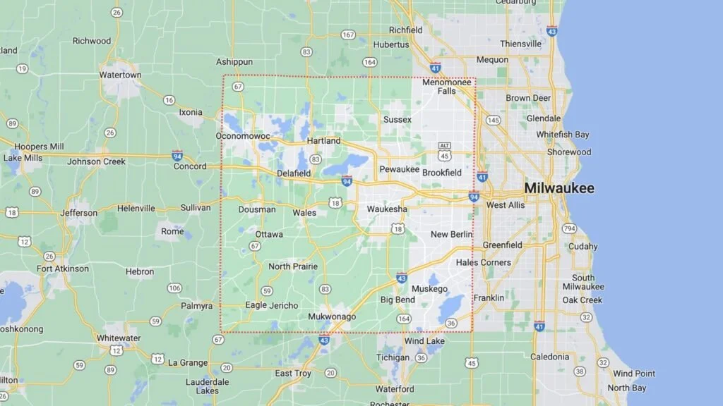 Map showing the southeastern region of Wisconsin, including Milwaukee, Greenfield, West Allis, Waukesha, and surrounding towns.