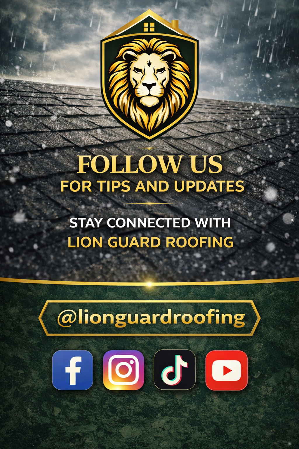 Promotional graphic for Lion Guard Roofing featuring a lion logo, snow falling on a shingled roof, and social media icons for Facebook, Instagram, TikTok, and YouTube, with text encouraging following for tips and updates.