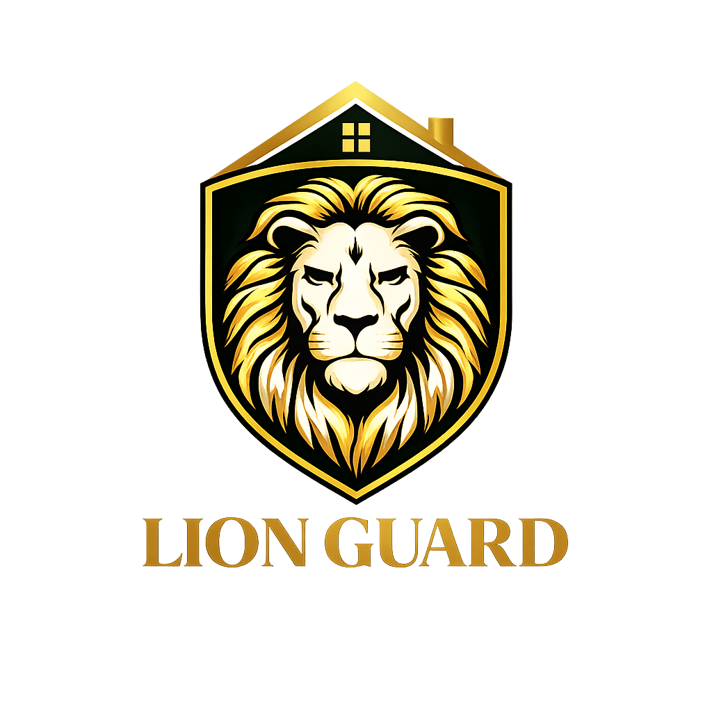 A logo featuring a lion's head inside a shield with a house-like top, with the words 'LION GUARD' in gold below.