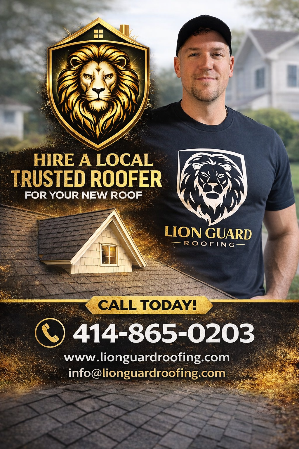 A man wearing a Lion Guard Roofing T-shirt standing outdoors with a residential neighborhood in the background. To the left, a logo of a lion's face inside a shield with the text "Hire a Local Trusted Roofer for Your New Roof". Below, a roof with a small windowed attic is shown. Contact information including phone number, website, and email is displayed for roofing services.