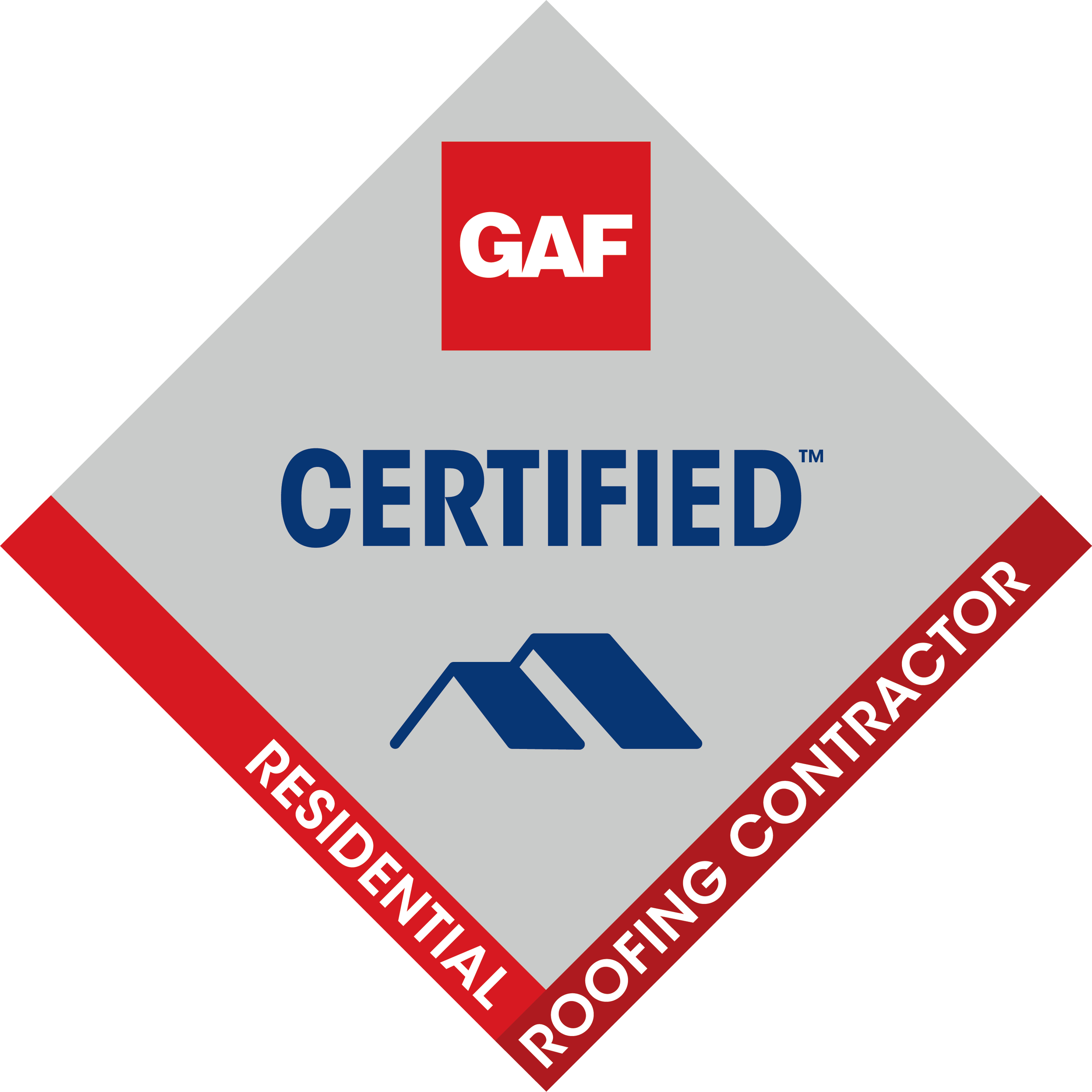 GAF Certified Residential Roofing Contractor logo with gray, red, and blue design elements.