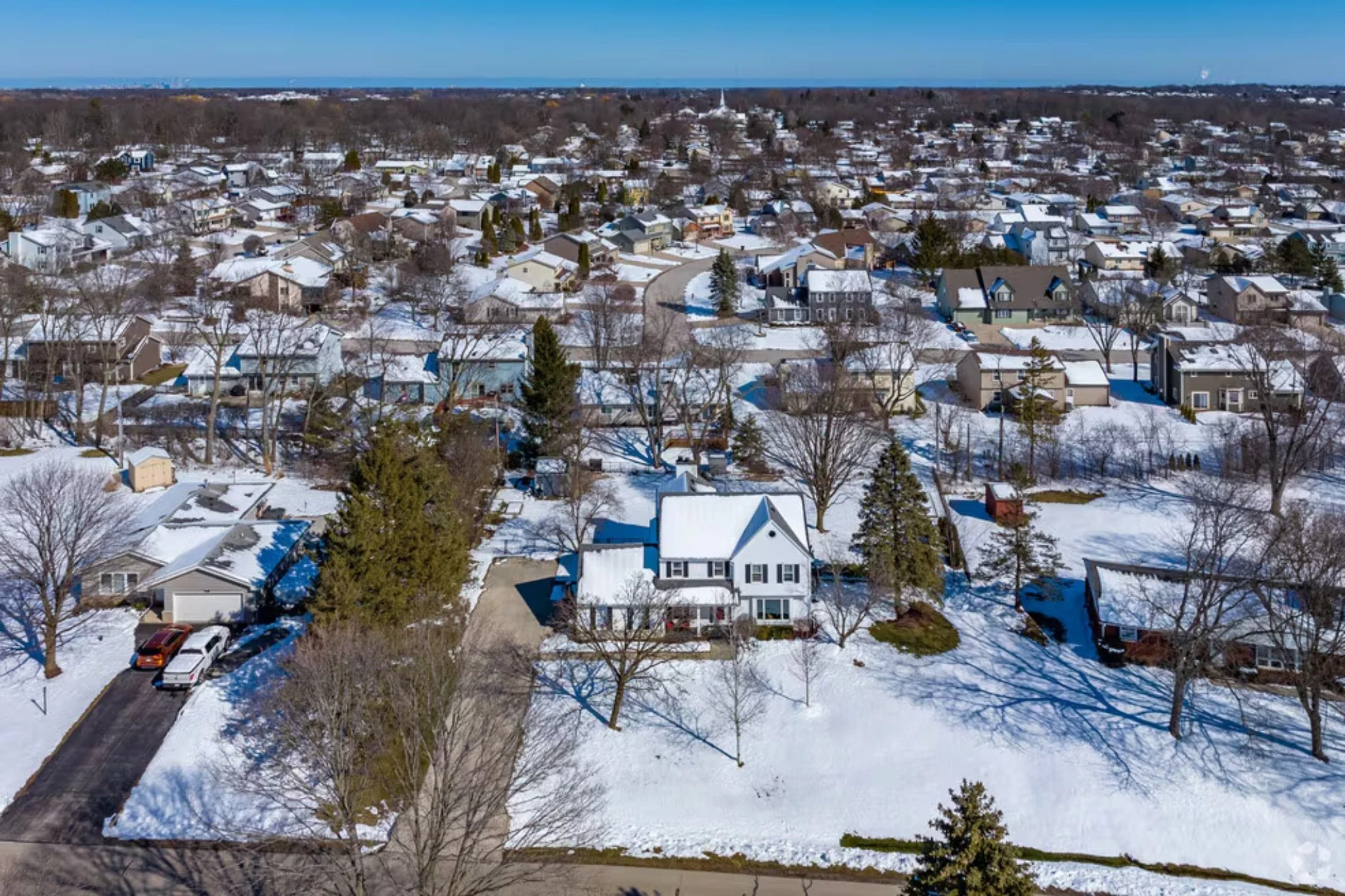 Aerial view of residential neighborhood roofs in New Berlin, Wisconsin