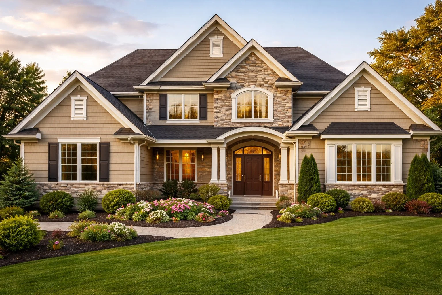 A large two-story house with beige siding, stone accents, and a dark shingle roof. It has multiple gables, white window frames, and black shutters. The front yard features a landscaped garden with vibrant flowers and green shrubs, and a paved walkway leading to the front door. The house is illuminated with warm interior lighting, and there are trees in the background under a partly cloudy sky.