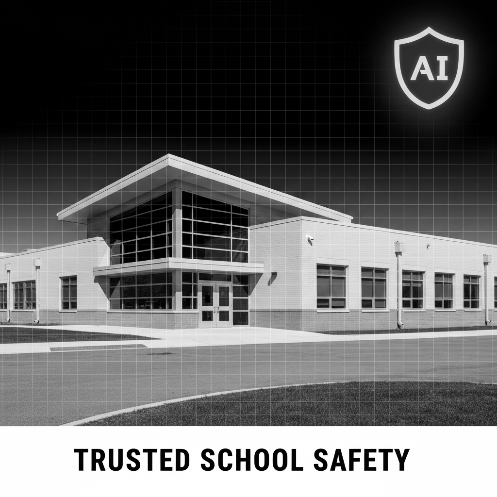 A modern school building with large windows and an entrance canopy, under a dark sky with a graphic shield symbol labeled 'AI,' and the text 'Trusted School Safety' at the bottom.