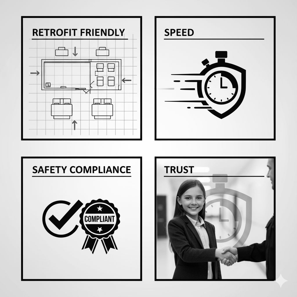 A grid layout with four panels. The top-left panel shows a floor plan labeled "Retrofitt Friendly." The top-right panel features a stopwatch with the word "Speed." The bottom-left panel displays a badge with a checkmark labeled "Safety Compliance." The bottom-right panel depicts a girl shaking hands with a man in an office setting, with a stopwatch icon in the background, labeled "Trust."
