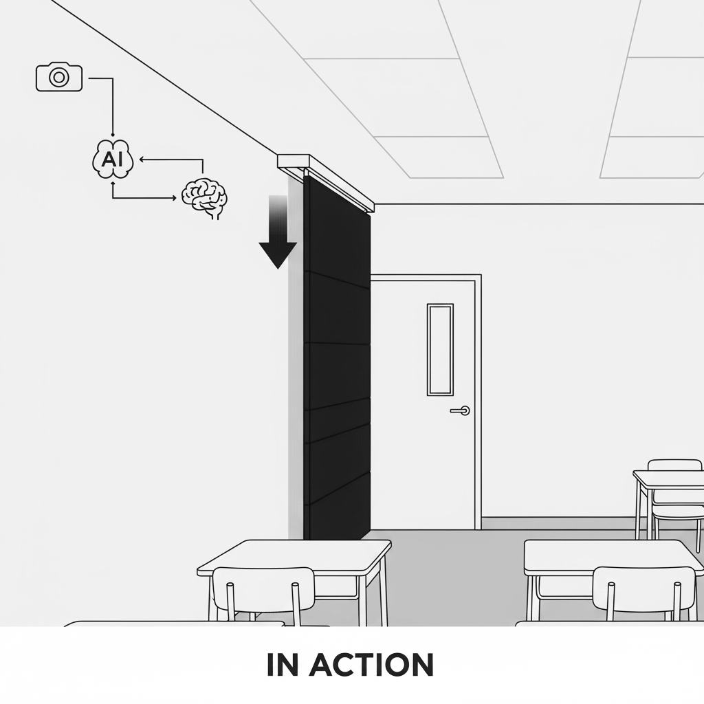 A classroom with a door, desks, and chairs. An illustration shows AI processing data from a camera and a brain to interpret the scene, with an arrow indicating someone moving through the door in action.