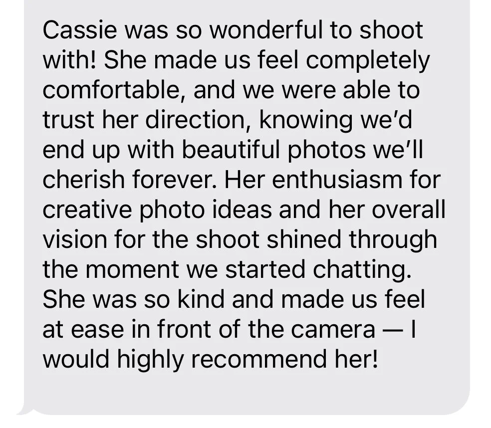 Screenshot of a client message praising Cassie’s Oregon Coast elopement photography.