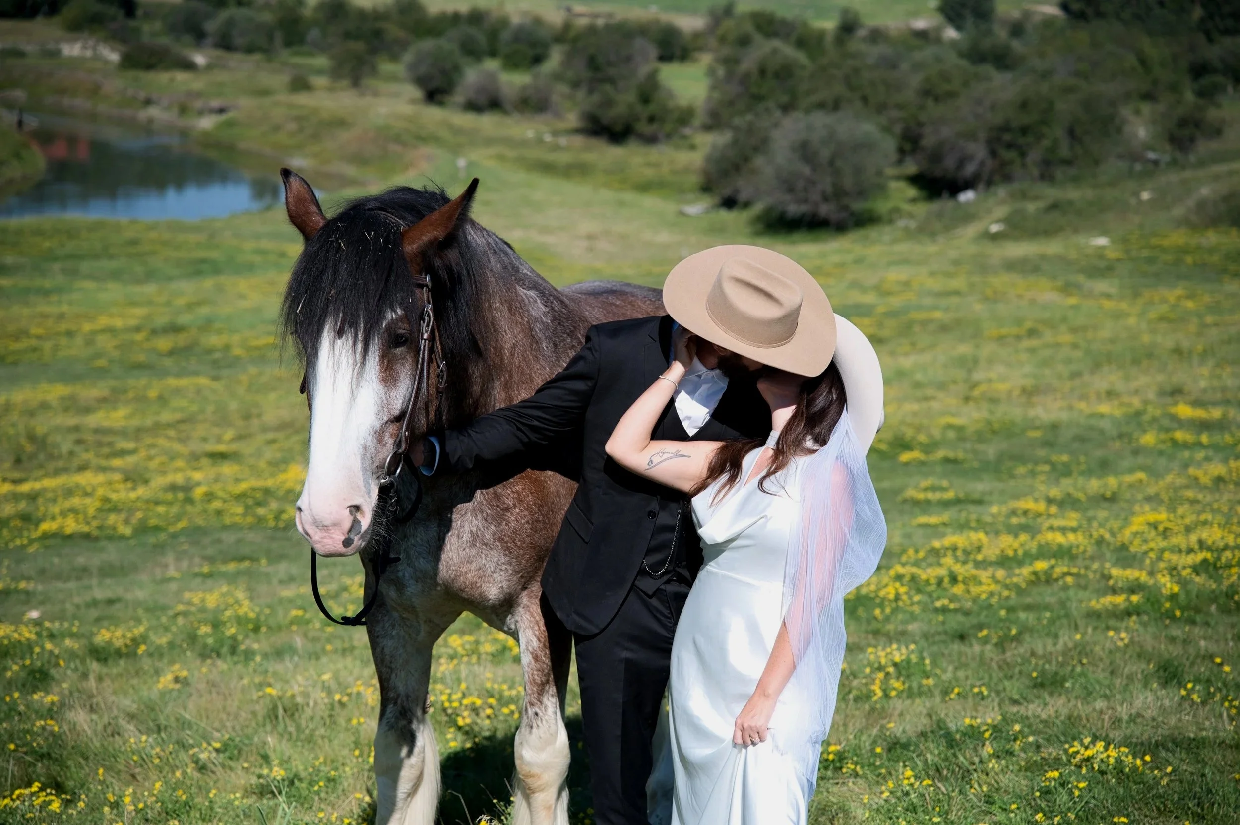 A couple, dressed formally, sharing a kiss with a horse in a lush green field with yellow flowers and a small body of water in the background.