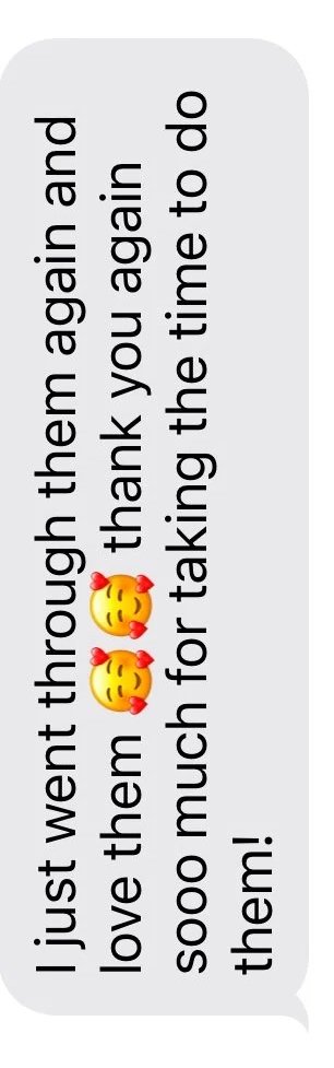 Screenshot of a client text message sharing positive feedback about their elopement photography experience.