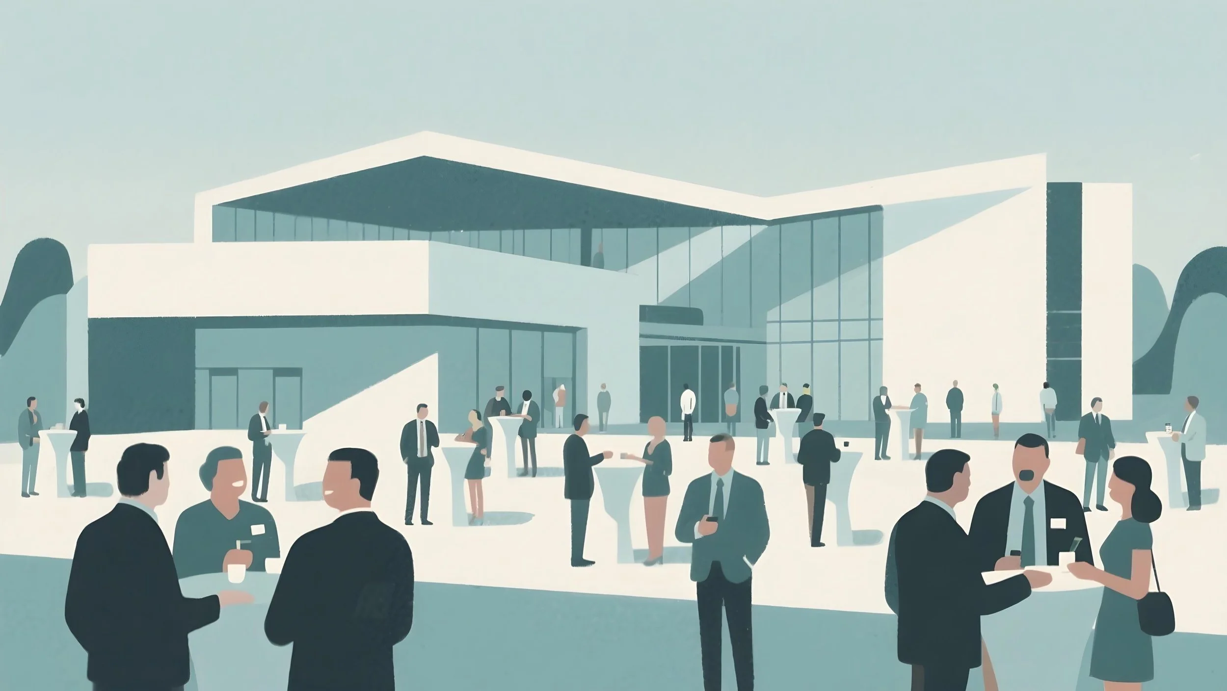 Digital illustration of a modern event or conference in front of a large building with many people engaging in conversations and networking.