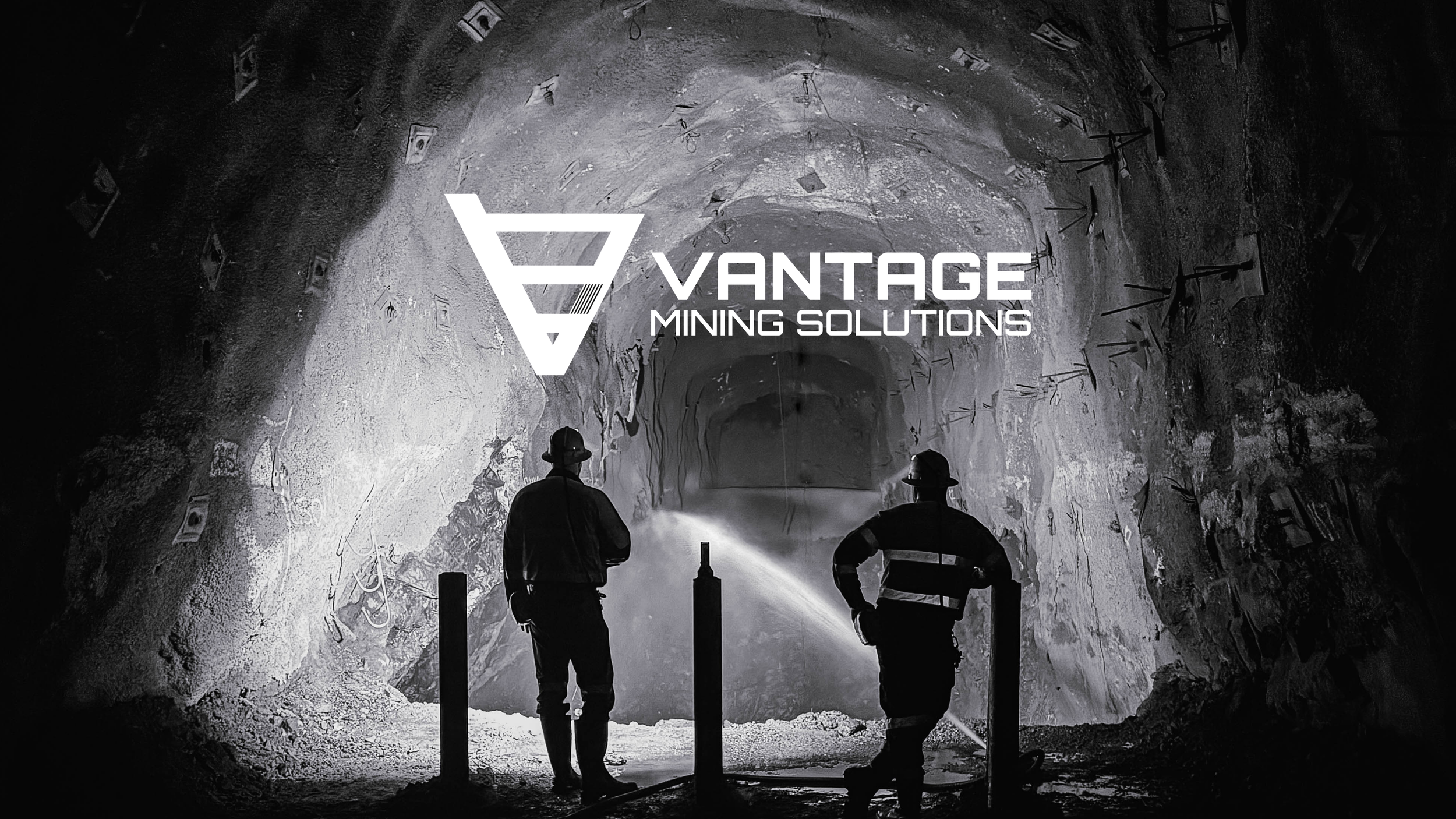 Two miners inside a tunnel with mining equipment, the logo and text 'Vantage Mining Solutions' overlaid on the image.