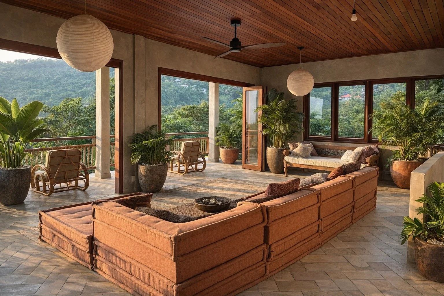 Living room with large windows, beige sectional sofa, potted plants, wooden ceiling with pendant lighting, and mountain view outside.