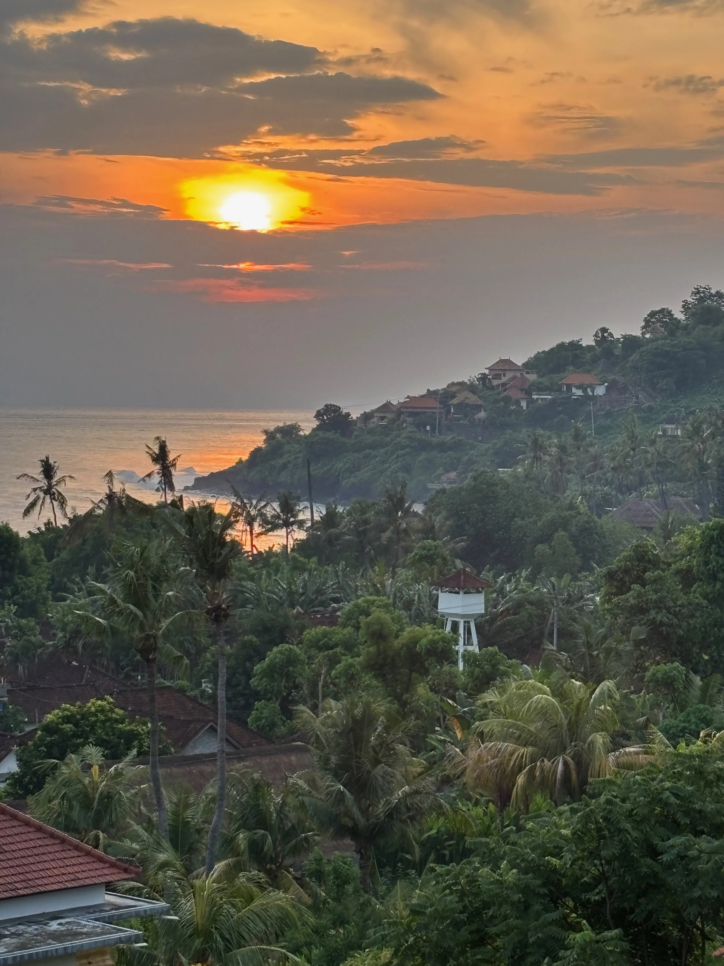 Sunset over a tropical hillside with houses, palm trees, and a water tower.