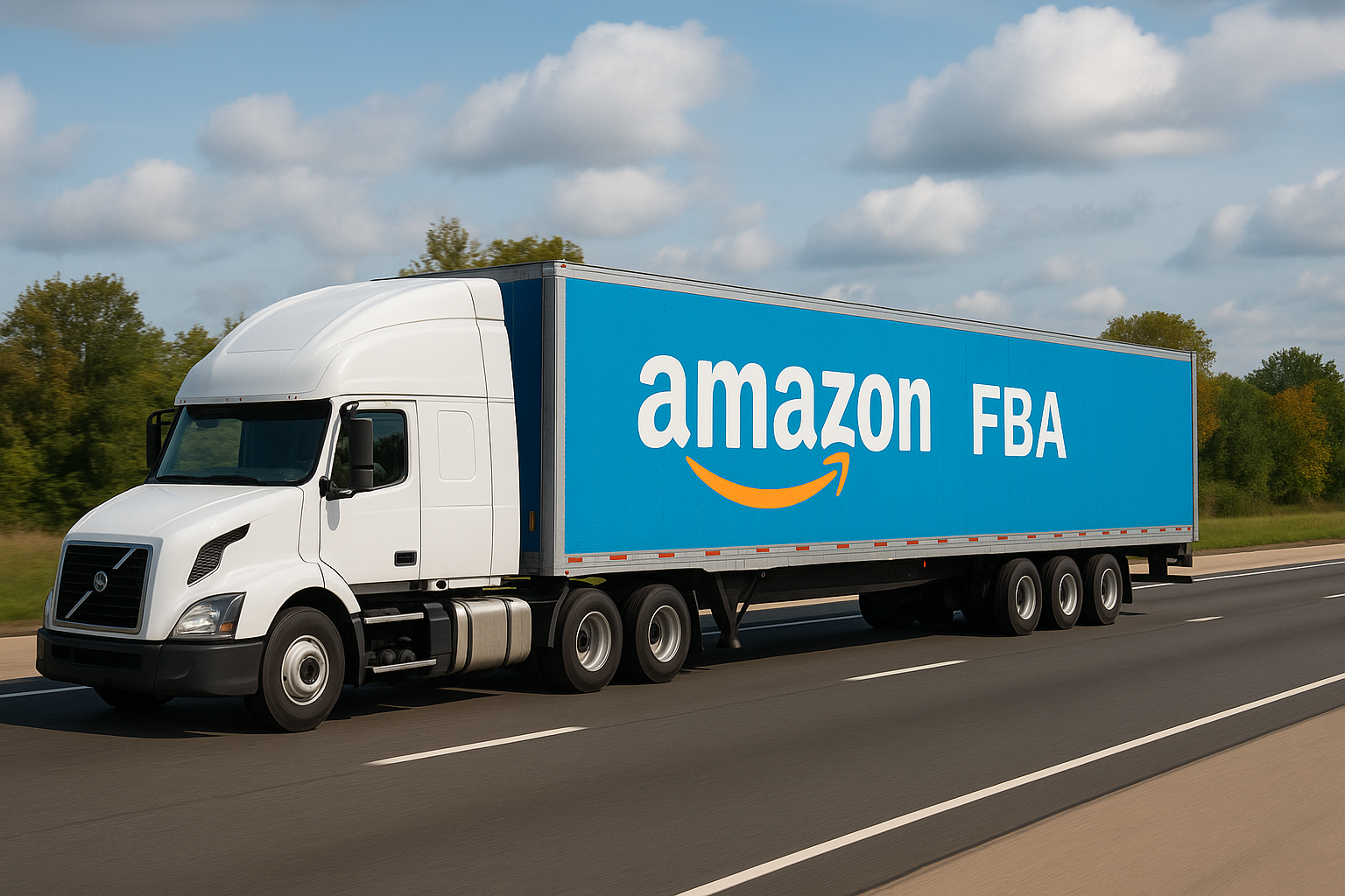 An Amazon delivery truck with a blue trailer and Amazon FBA logo on the side driving on a highway.