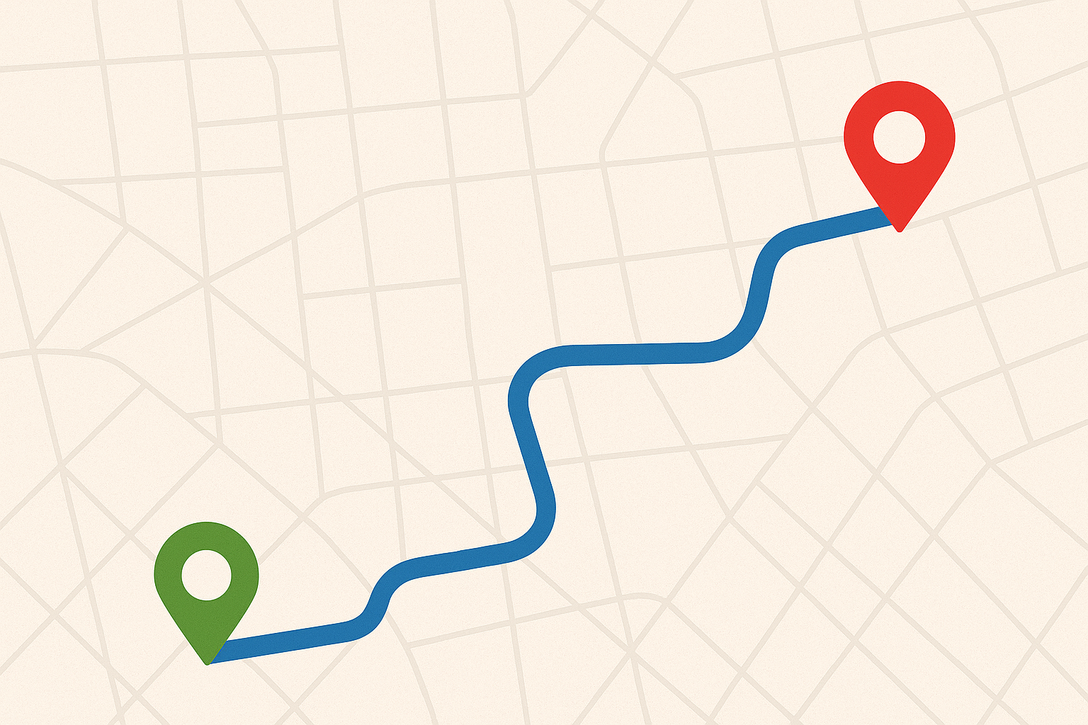 Map showing a route from a green location marker to a red location marker, with a blue directional path between them.