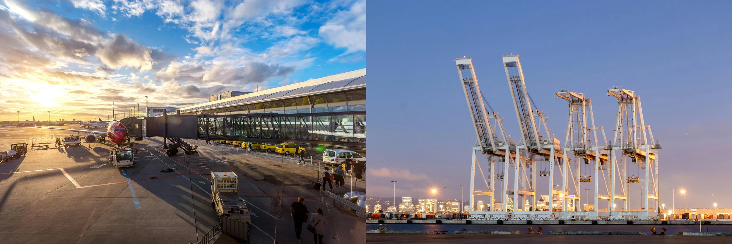 Left side shows an airport terminal with an airplane at the gate during sunset, with people and vehicles nearby. The right side features a port with several large cargo cranes against a dusk sky, with city lights in the background.