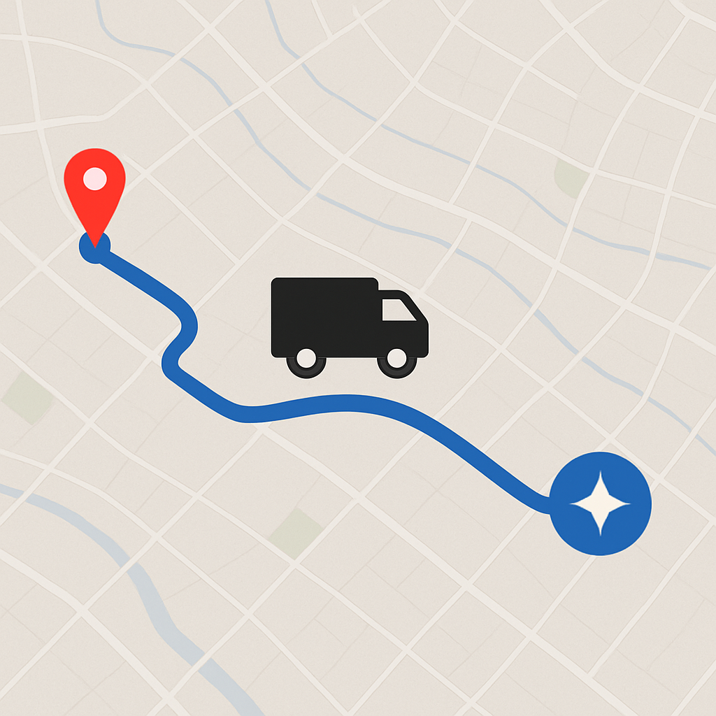 Map with a blue route showing a delivery truck symbol traveling from a red location pin to a blue star icon.