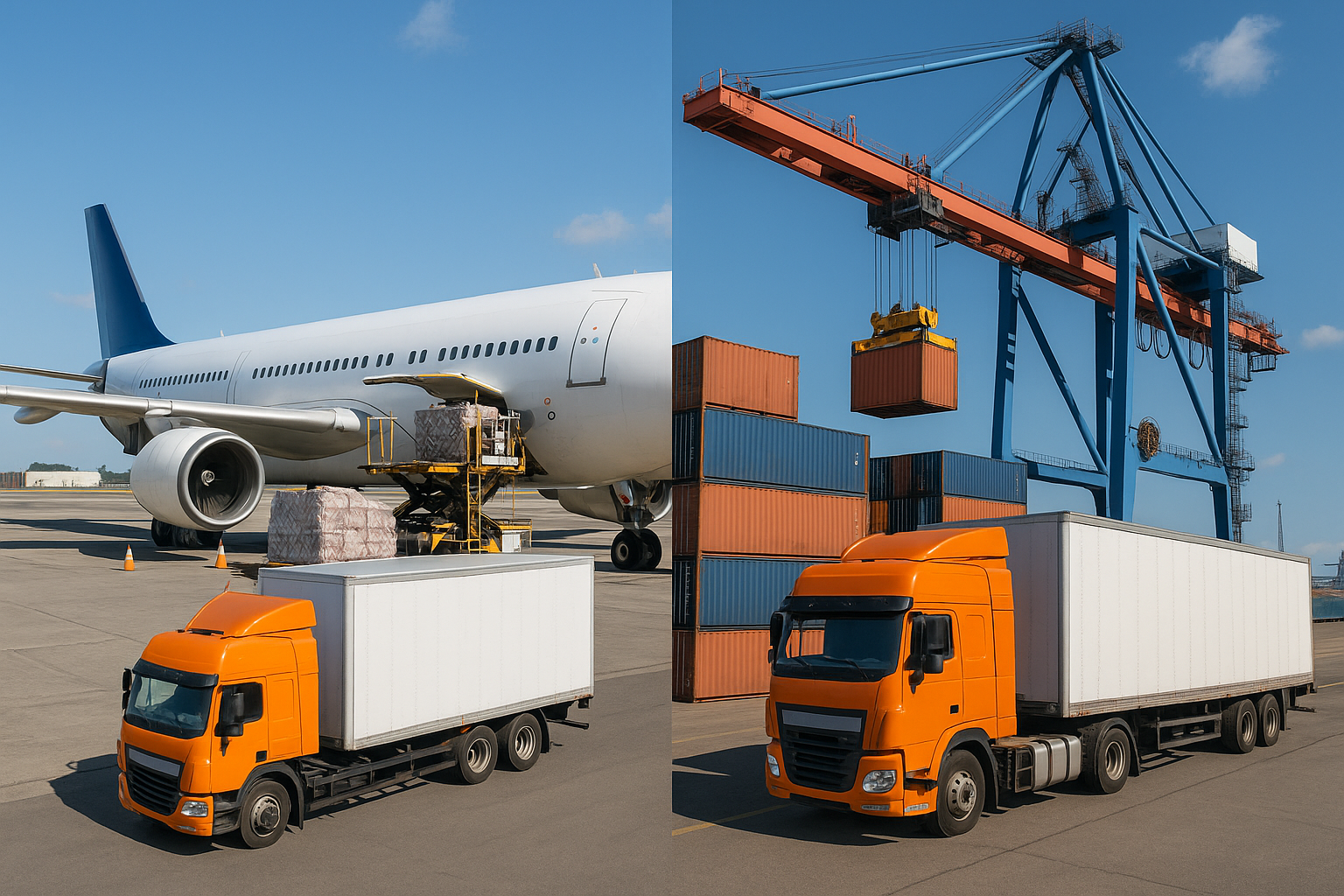 Split image of an airport scene, with cargo trucks and a cargo plane on the tarmac, shipping containers, and a large cargo crane for loading containers.