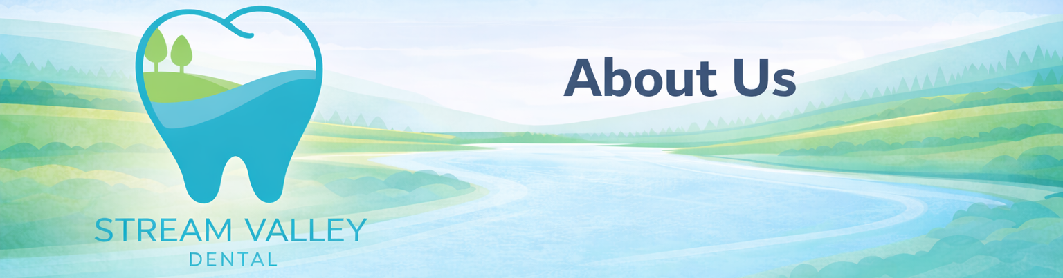 graphic header that reads about us and includes the stream valley dental logo in front of an illustration of a stream valley