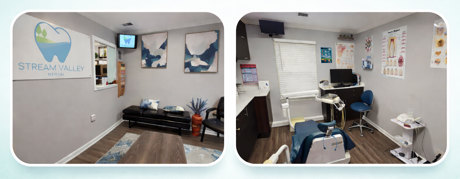 side by side graphic of a dentist waiting room and a dental exam room at Stream Valley Dental