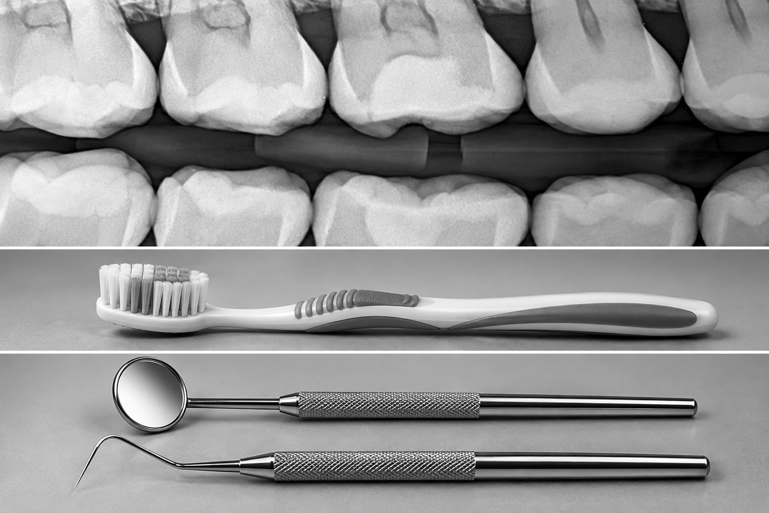 A grayscale image displaying dental tools and a row of teeth. The top shows a set of teeth, the middle a toothbrush, and the bottom two dental instruments, a mirror and a dental pick.