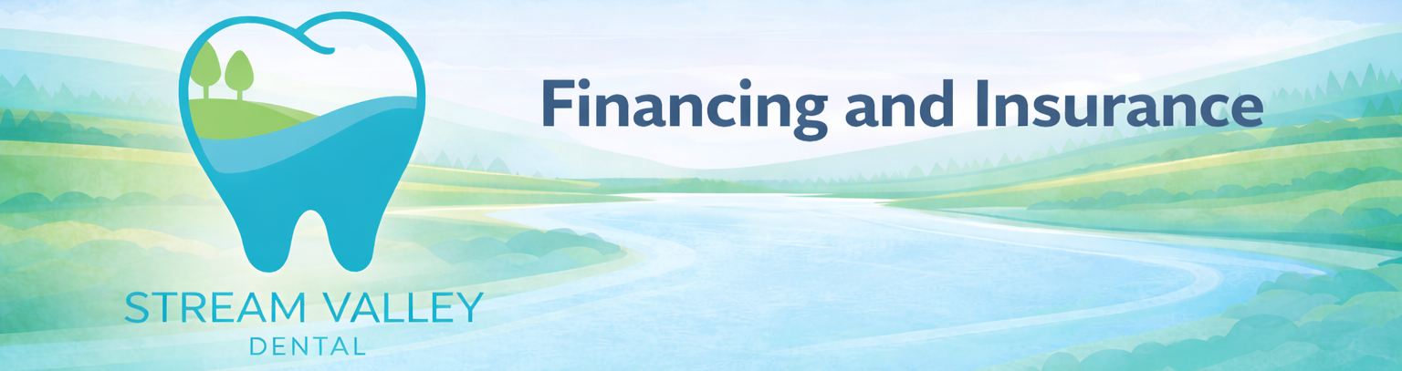 graphic header that reads financing and insurance and includes the stream valley dental logo in front of an illustration of a stream valley