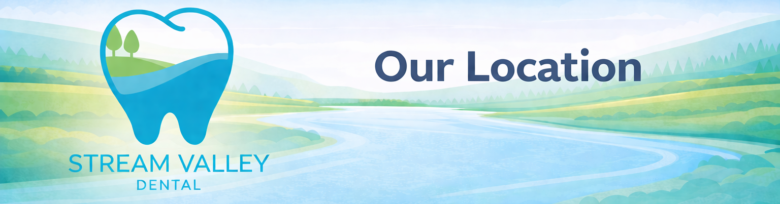 graphic header that reads location and includes the stream valley dental logo in front of an illustration of a stream valley