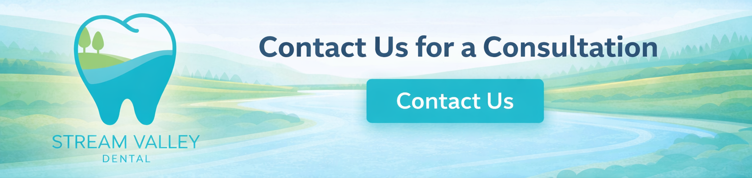 contact us button with logo of stream valley dental set against a stream valley landscape