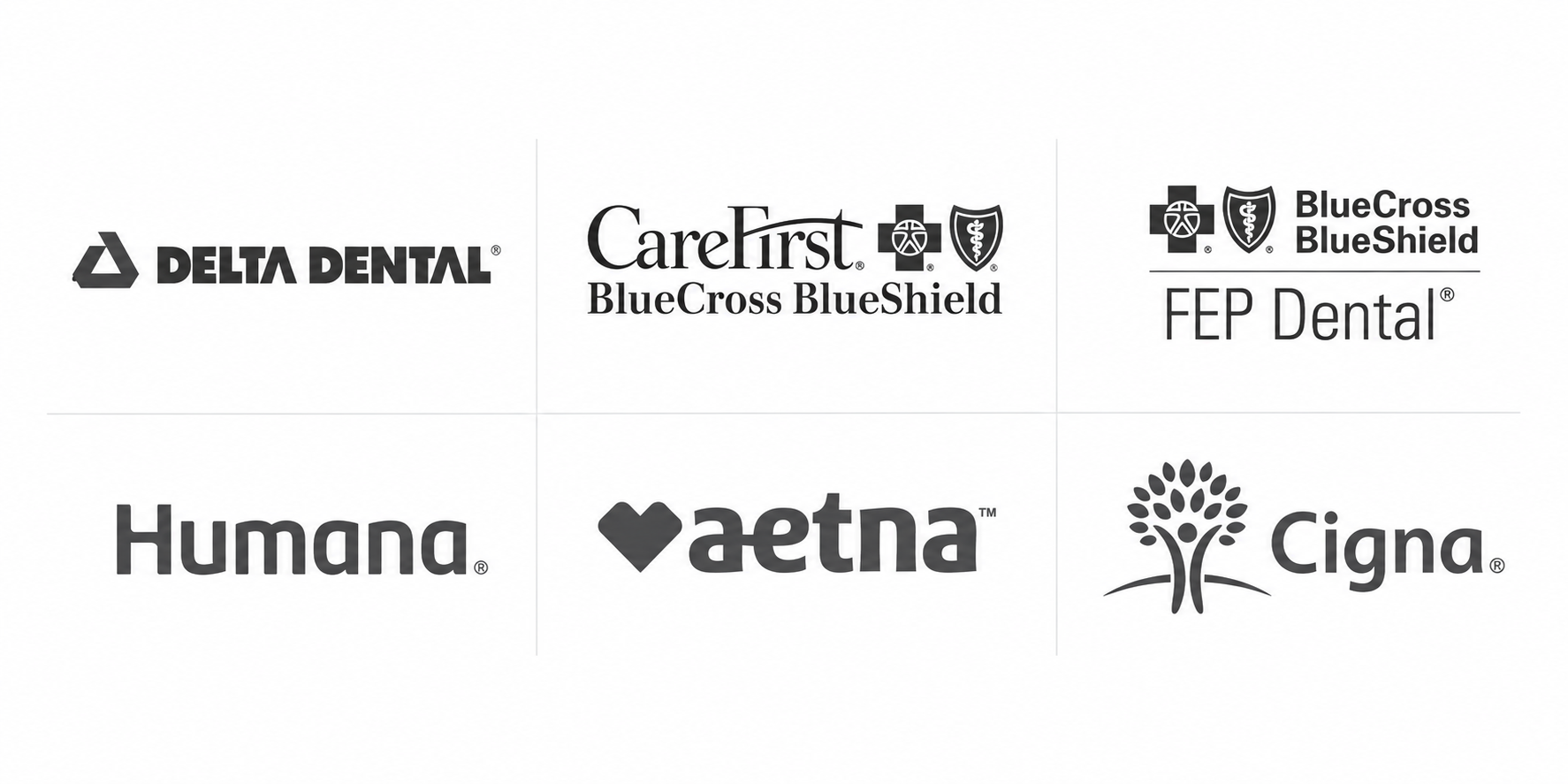 Collection of logos for dental and healthcare organizations, including Delta Dental, CareFirst BlueCross BlueShield, BlueCross BlueShield FEP Dental, Humana, Aetna, and Cigna.