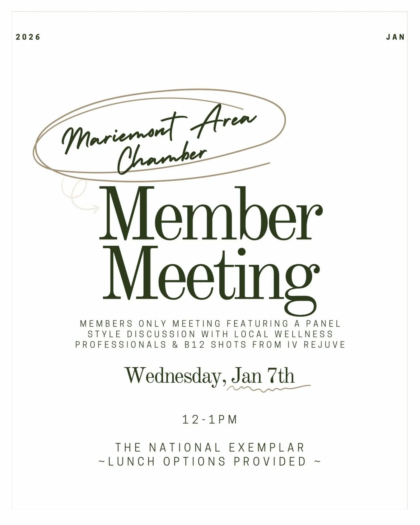 Save the date for our next meeting!📆 
January is coming right up!
**note the time change for 2026 bi-monthly meetings
.
.
We&rsquo;re exploring lunchtime meetings since that timing seems to work better for most business owners and we can have lunch 