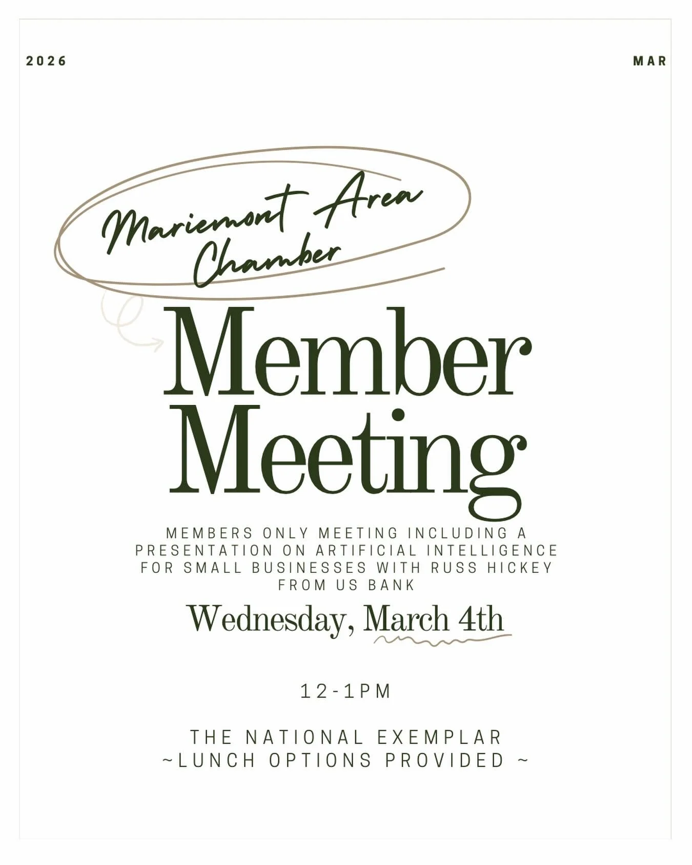 Next week! 
Come hear from Russ about how to use ai in your small business effectively and enjoy some lunch with us at The National Exemplar 🥪
Questions about becoming a member or checking out a meeting as a guest? Email us: mariemontareachamber@gma