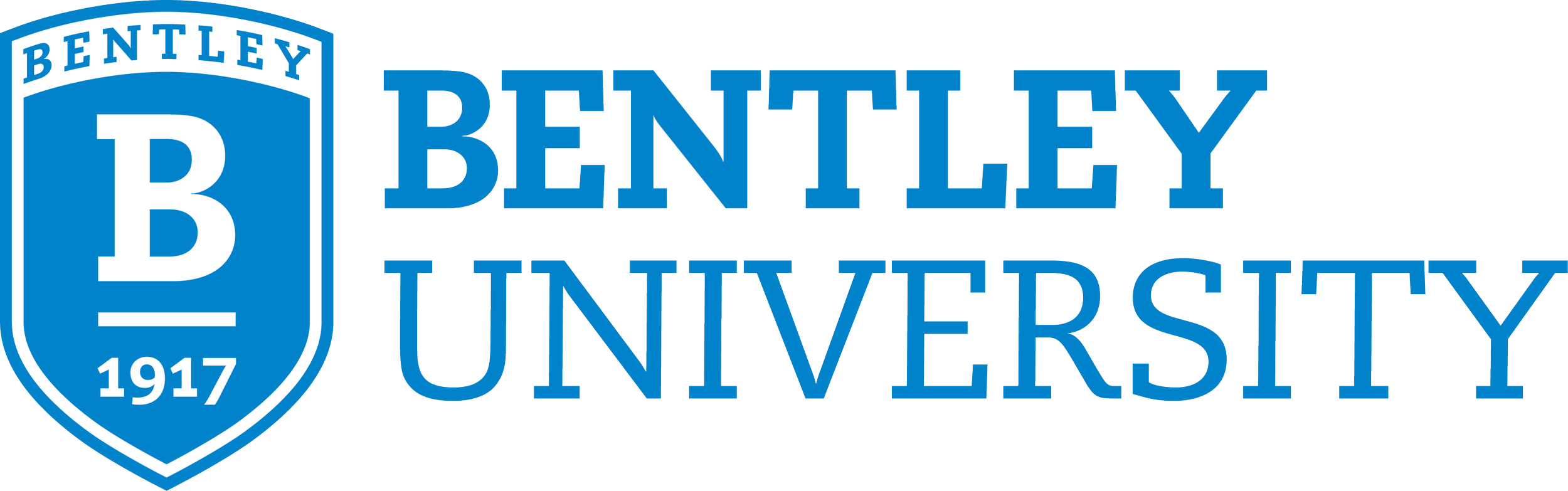 Bentley University logo with a blue shield containing a large white letter B and the year 1917, alongside the text 'BENTLEY UNIVERSITY' in blue capital letters.